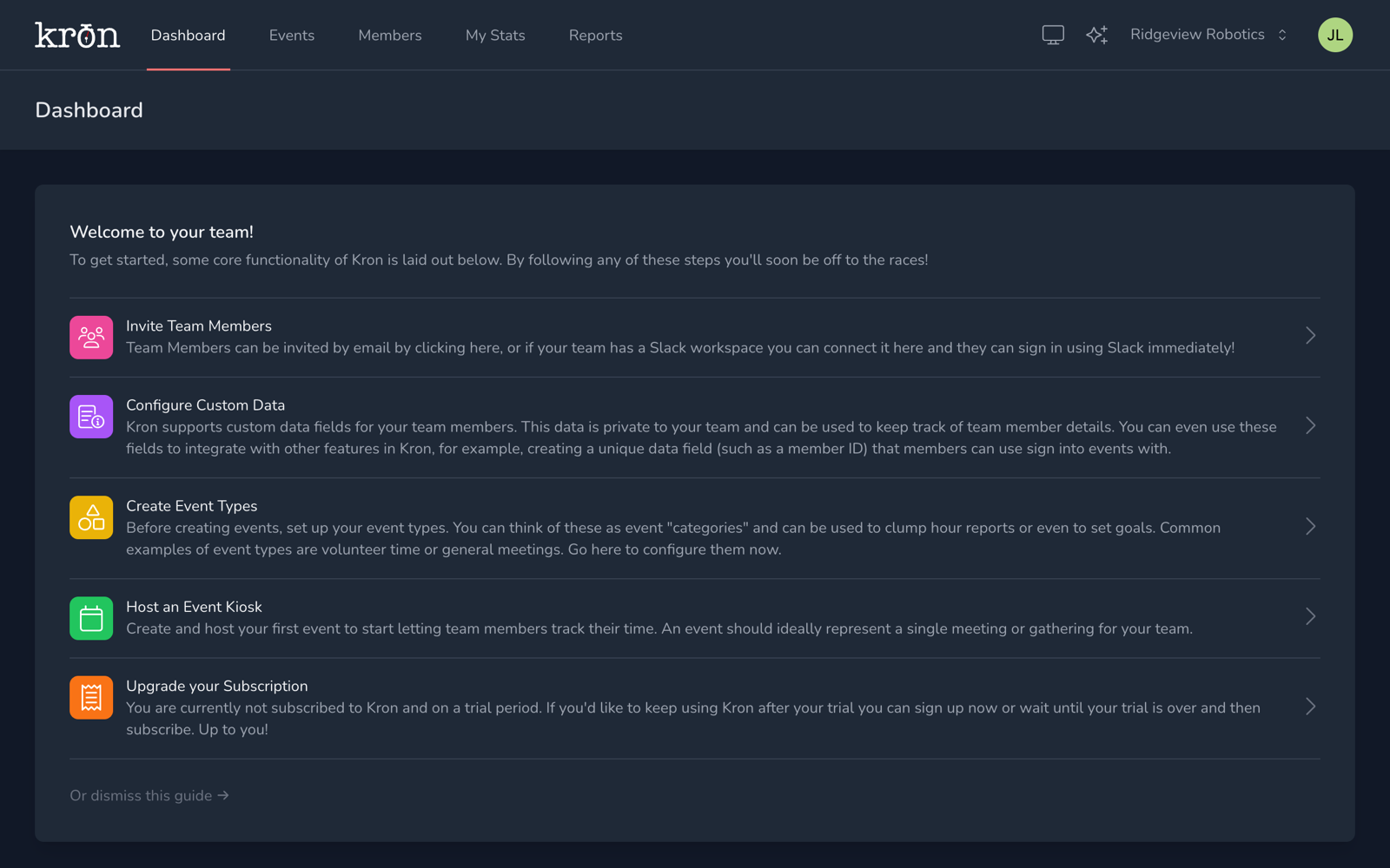 The Kron dashboard in dark mode, with the new theme and What's new buttons in the top bar