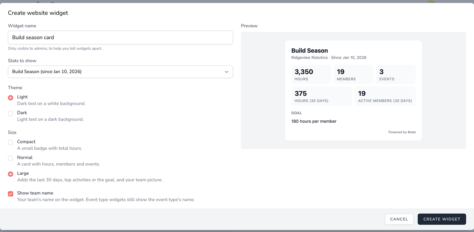 The Create website widget form with Build Season, Light and Large selected, next to a live preview of the widget
